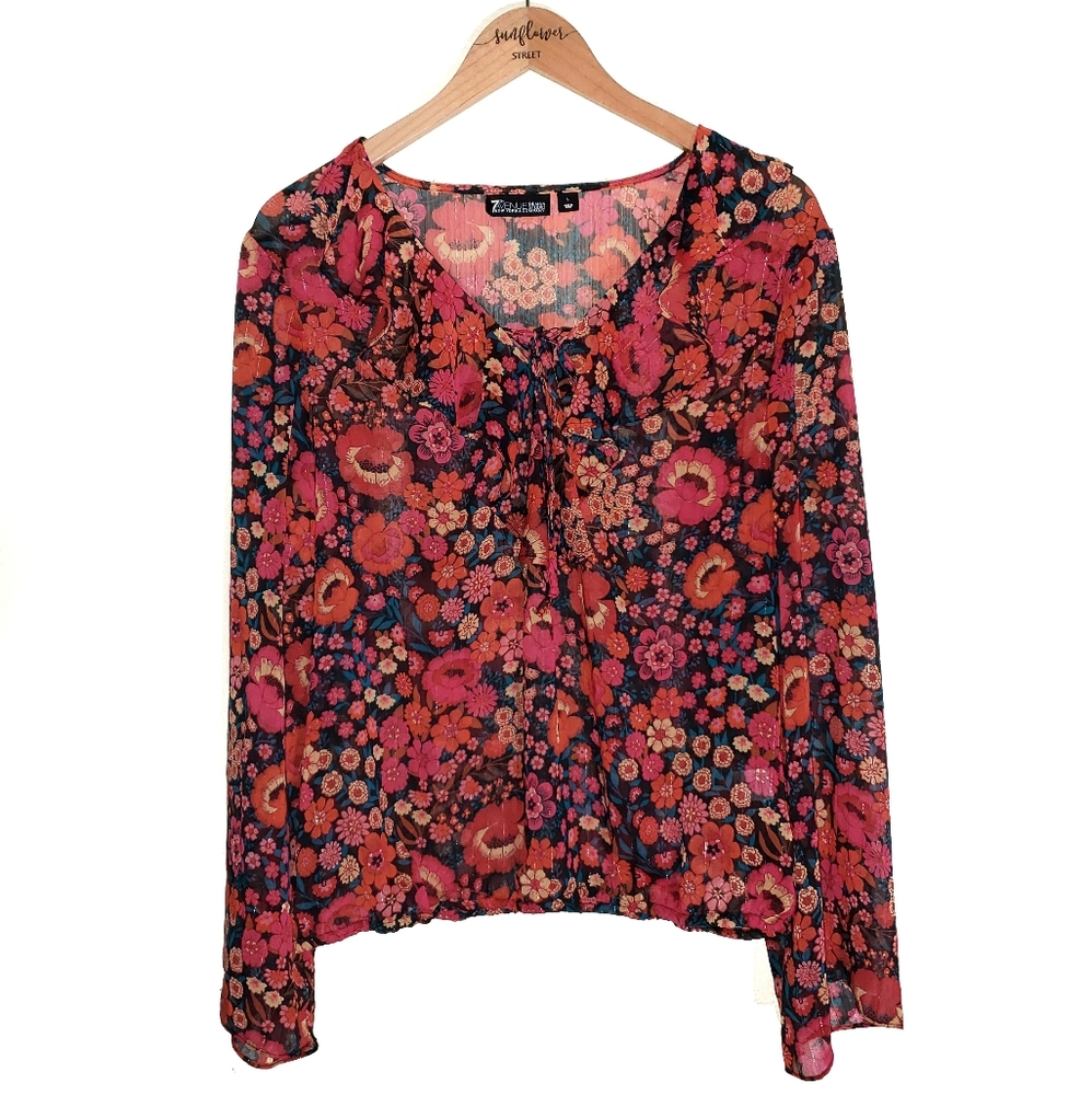 New York & Company Red Floral Blouse Large